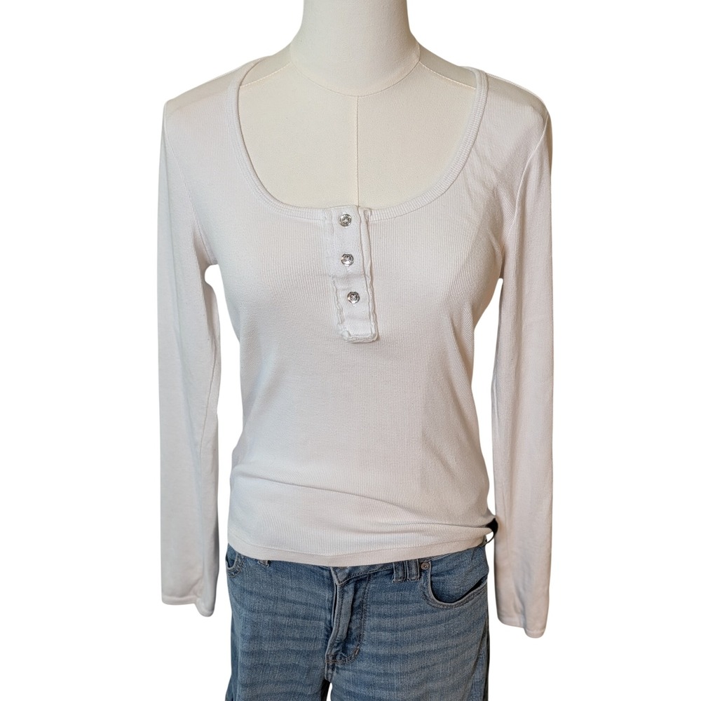 True Religion Womens White Ribbed Henley Long Sleeve Graphic Thermal Top Size M